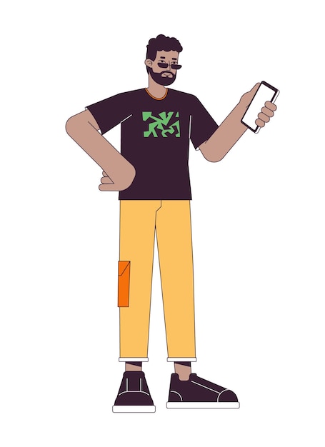 Hombre afroamericano guapo con carácter vectorial de color de línea plana de teléfono inteligente Esquema editable persona de cuerpo completo en blanco Usando gandet simple ilustración de punto de dibujos animados para diseño gráfico web