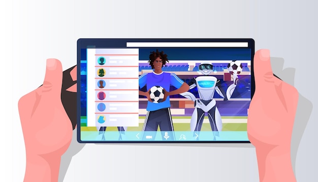 Hombre afroamericano y jugadores de fútbol robot en la pantalla del teléfono inteligente concepto de tecnología de inteligencia artificial ilustración de vector de retrato horizontal