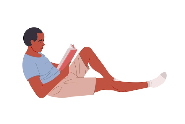 Vector hombre afroamericano leyendo un libro mientras está acostado educación hobby concepto ilustración vectorial