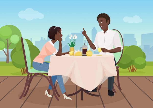 Hombre afroamericano y mujer cena en un restaurante. los amantes de la pareja de dibujos animados ilustración vectorial.