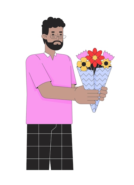 Vector hombre afroamericano con ramo de flores personaje de dibujos animados lineales 2d