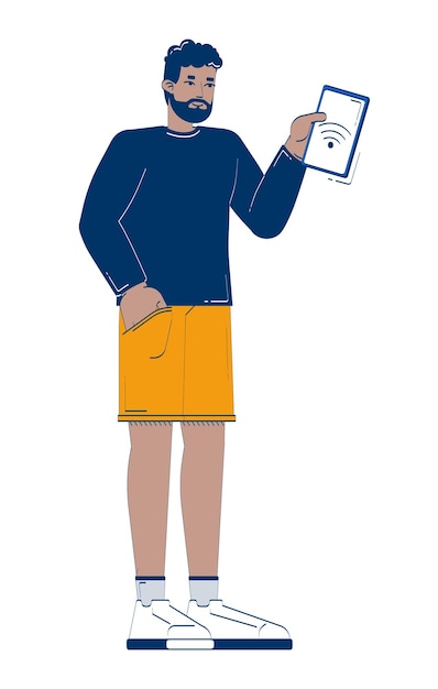 Hombre afroamericano sosteniendo una tableta con señal WiFi personaje doodle 2D