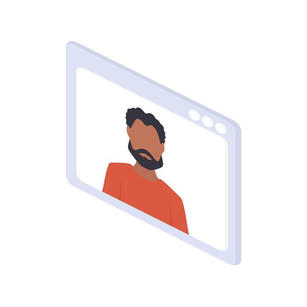 Hombre afroamericano en una ventana de chat. El niño está realizando una conferencia en línea. Isométrica. Vector.