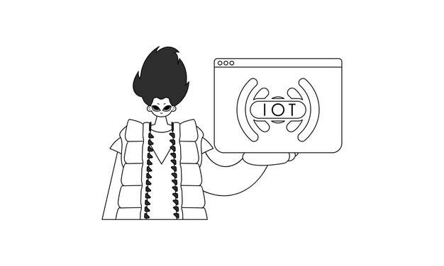 Hombre agarrando el diseño vectorial lineal del icono IoT