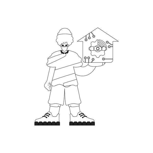Hombre agarrando el logotipo de Internet de las cosas en la ilustración de línea vectorial