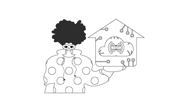 Hombre agarrando el símbolo de IoT en un estilo de arte lineal vectorizado