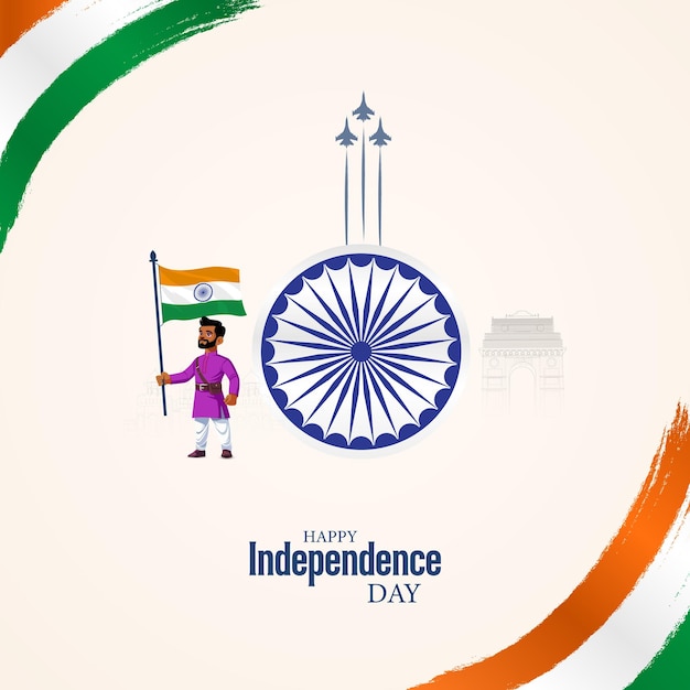Hombre agitando la bandera de la India para el diseño del cartel del Día de la Independencia de la India