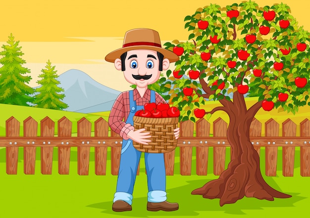 Hombre agricultor de dibujos animados con cesta de manzana en la granja