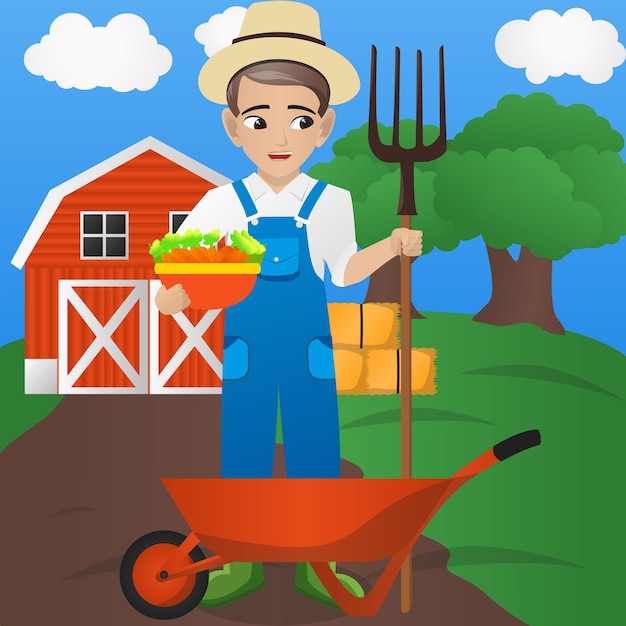 Vector hombre agricultor holding forkand vegetable