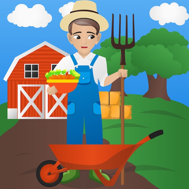 Hombre agricultor holding forkand vegetable