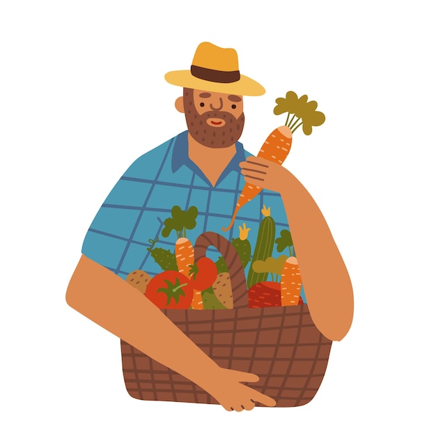 Vector hombre agricultor de mediana edad con barba vestido de mezclilla y sombrero con cesta de diferentes verduras vector fl ...