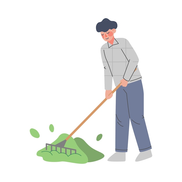 Hombre Agricultor Usando Rake Hombre Trabajador Agrícola Jardiner Personaje en Overals Trabajando en la Granja Eco Agricultura Concepto Ilustración vectorial de estilo de dibujos animados