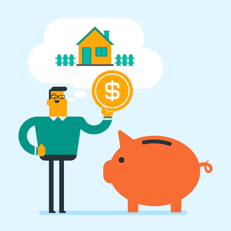 Vector hombre ahorrando dinero en la hucha para comprar casa.