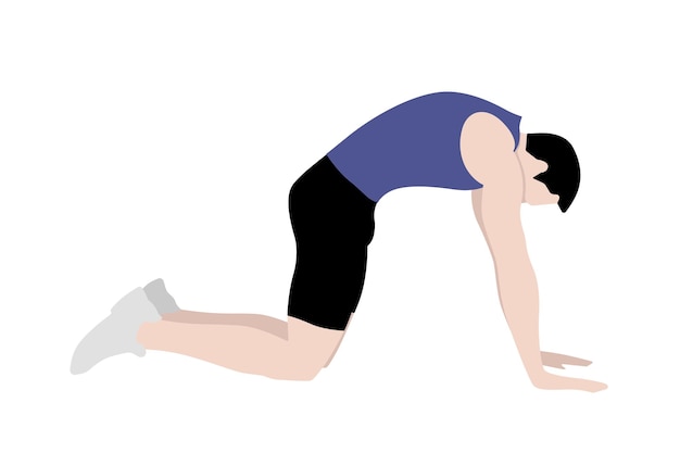 Hombre aislado tendido en el suelo y estirando la espalda Ilustración vectorial de estilo Sport Flat