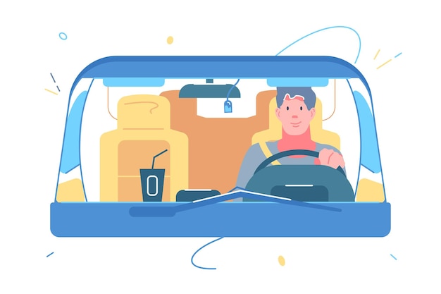 Vector hombre al volante en la ilustración de vector de coche. chico montando automóvil con café en estilo plano del tablero. viajar solo, viaje en auto de vacaciones, concepto de transferencia. aislado sobre fondo blanco