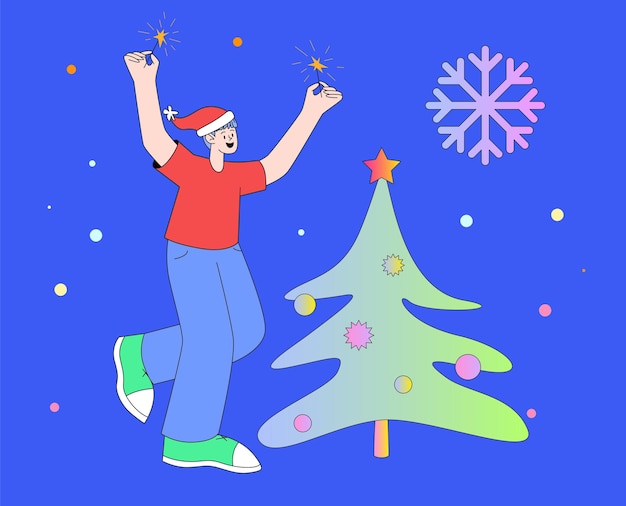 Hombre alegre con chispas celebrando el año nuevo ilustración plana vectorial