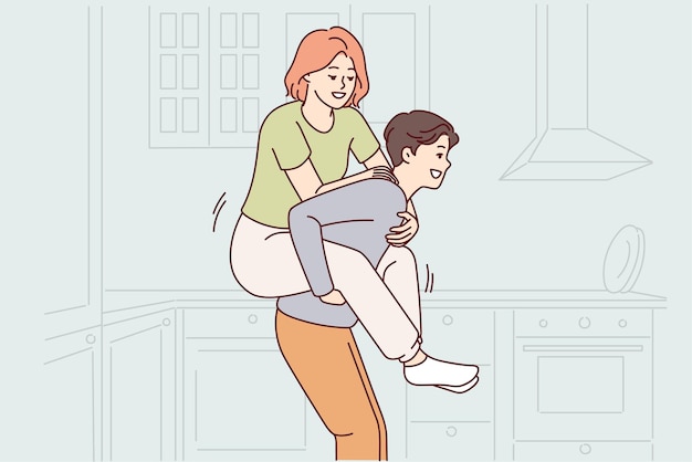 Un hombre alegre dando a una mujer un paseo en la espalda mientras se divierten juntos en la cocina propia casa Imagen vectorial