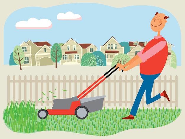 Hombre alegre dibujado corta hierba con una cortadora de césped en el fondo de las casas