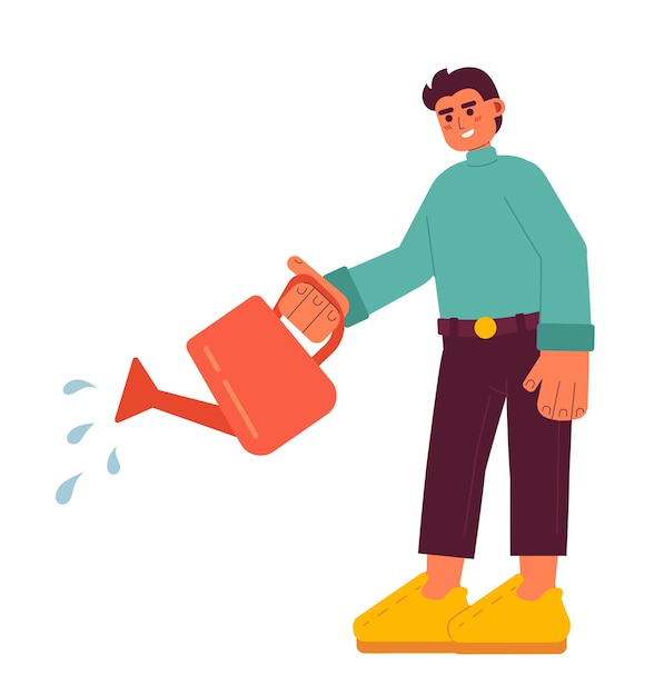 Hombre alegre con una lata de riego semi plana personaje vectorial colorido editable todo el cuerpo jardinero feliz en blanco Ilustración de puntos de dibujos animados simples para diseño gráfico web