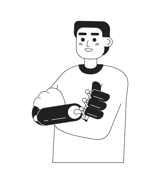 Hombre alegre con prótesis de miembro artificial carácter vectorial plano monocromático Línea delgada editable hombre de medio cuerpo cruzado de brazos en blanco Ilustración de punto de caricatura simple para diseño gráfico web