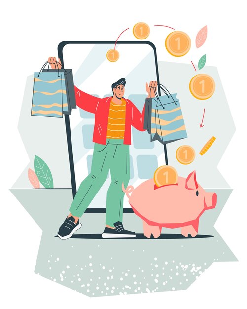 Hombre alegre que recibe devolución de dinero por compras en línea o transferencia de dinero ilustración vectorial aislada plana Bonificación de clientes o programa de fidelización de devolución de dinero