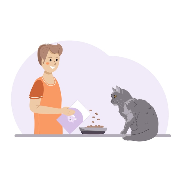 El hombre alimenta al gato británico Pedigree Lindos dueños de mascotas Ilustración dibujada a mano sobre fondo blanco