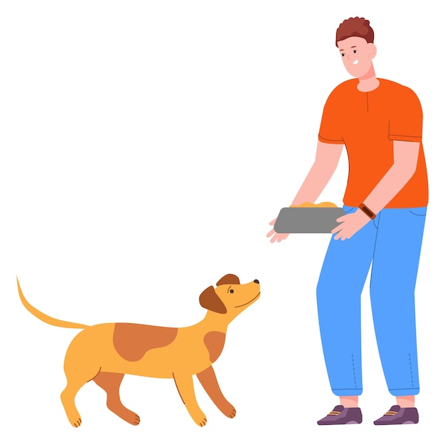 hombre, alimentación, perro, persona, con, alimento para mascotas, tazón