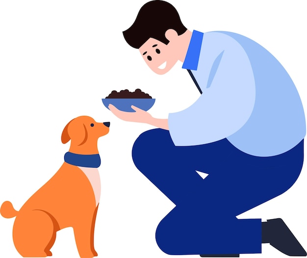 Vector un hombre alimentando a su perro en estilo plano aislado en el fondo