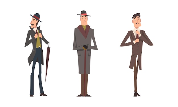 Hombre alto victoriano caballero en traje elegante con maneras respetuosas de pie conjunto vectorial
