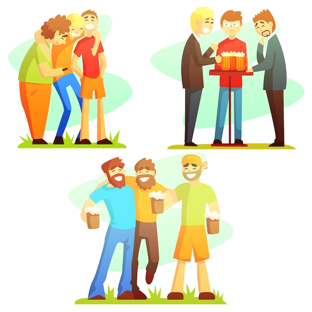 Hombre amistad tres ilustraciones coloridas