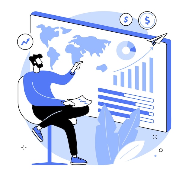 Hombre analizando los datos de negocios globales gráficos gráficos mapa del mundo