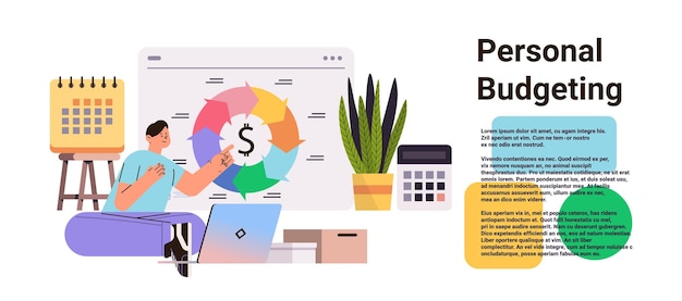 hombre analizando el gráfico de presupuesto personal en el concepto de contabilidad de análisis de datos de computadora portátil ilustración de vector de espacio de copia horizontal