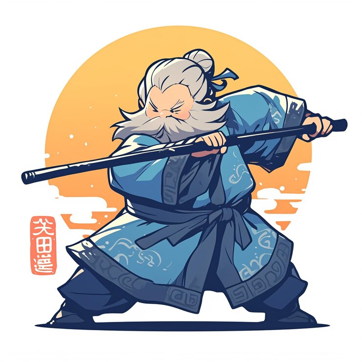 Vector hombre anciano de asia oriental haciendo tai chi
