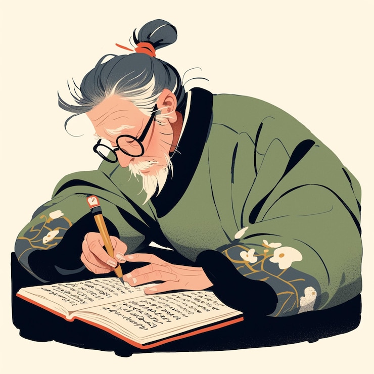 Vector hombre anciano asiático escribiendo poesía
