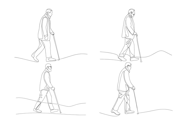 Hombre anciano caminando con un bastón de caminar Ilustración continua de dibujo de una línea en trazo editable