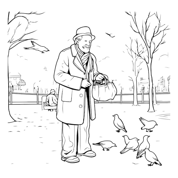 Hombre anciano caminando en el parque con palomas Ilustración vectorial