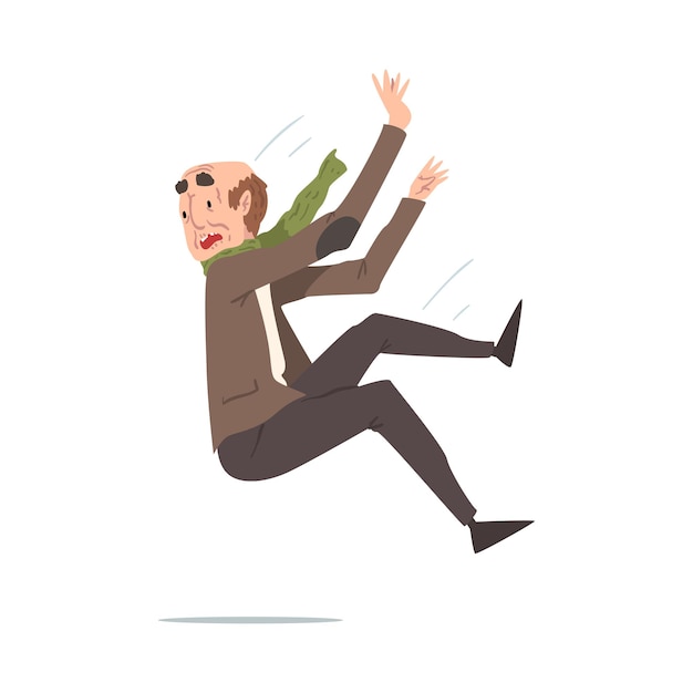 Hombre anciano cayendo Persona masculina jubilada cayendo hacia atrás Accidente Dolor y lesión Ilustración vectorial de estilo dibujos animados en fondo blanco