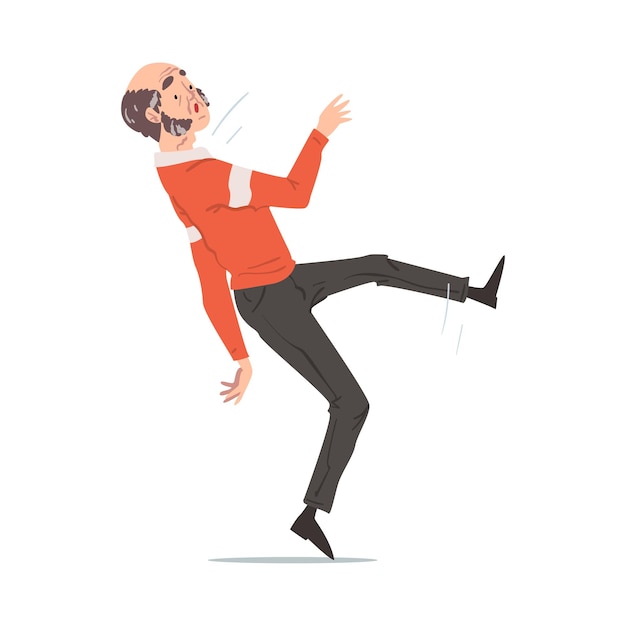 Hombre anciano cayendo Persona masculina jubilada cayendo hacia atrás Accidente Dolor y lesión Ilustración vectorial de estilo dibujos animados en fondo blanco