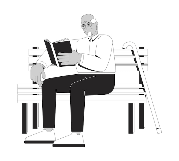 Hombre anciano disfrutando de un libro en un banco del parque personaje de línea 2D