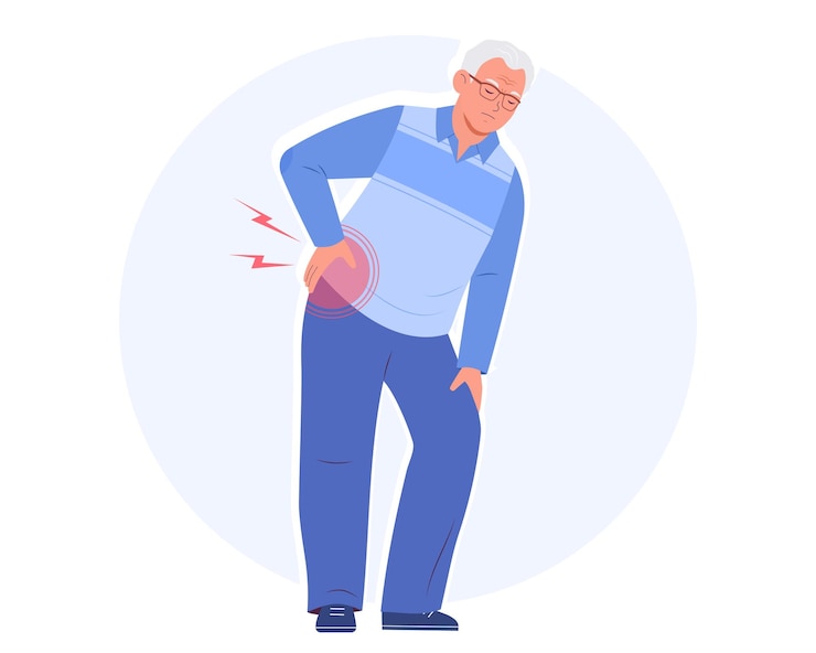 Vector hombre anciano con dolor de espalda problemas lumbares hombre mayor siente dolor ilustración vectorial plana