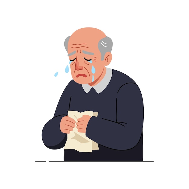 Hombre anciano triste llorando mientras sostiene un papel arrugado en arte vectorial plano