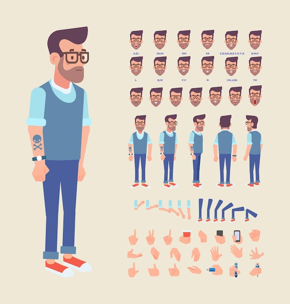 Hombre para animación con varios peinados emociones sincronización de labios y gestos Vector de vista frontal lateral posterior