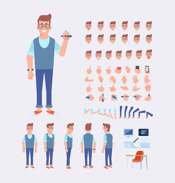 Hombre para animación con varios peinados emociones sincronización de labios y gestos Vector de vista frontal lateral posterior