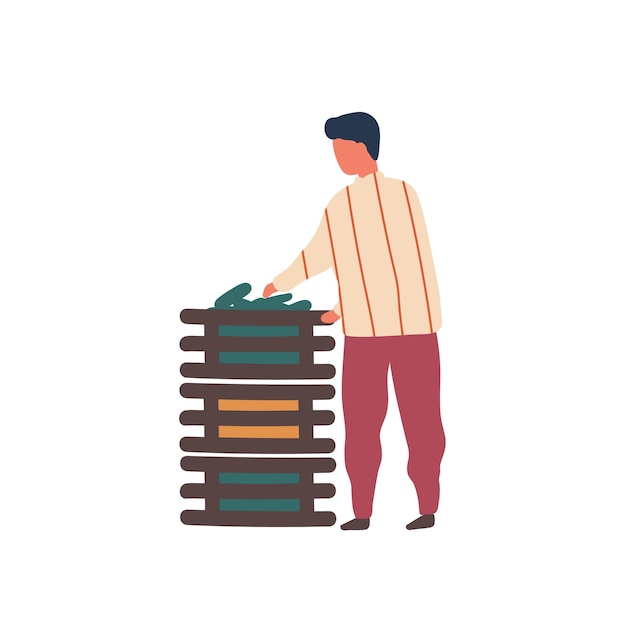 Hombre apilando cajas de verduras ilustración vectorial plana. Joven ranchero, personaje de dibujos animados de trabajadores agrícolas. Agricultor cosechando verduras naturales, cultivando alimentos orgánicos. Economía rural, tarea agrícola estacional.