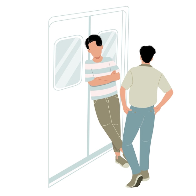 Un hombre se apoya contra una puerta de salida del tren y habla con su amigo