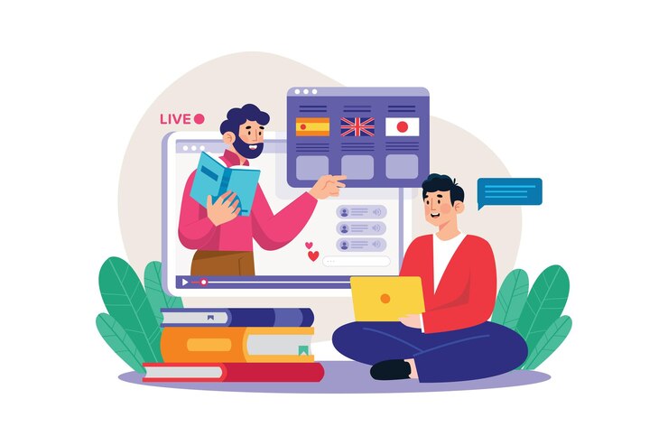 Vector hombre aprendiendo diferentes idiomas extranjeros en línea