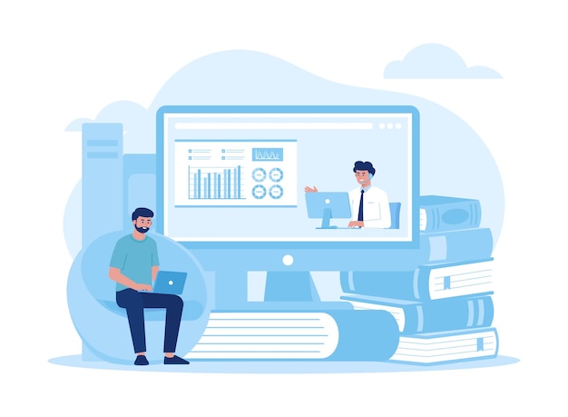 Un hombre aprendiendo una lección en línea de datos comerciales a través de la ilustración plana del concepto de tendencia de la pantalla de la computadora