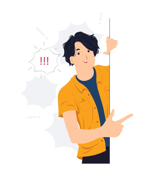 Hombre apuntando con el dedo en la pared mientras está sorprendido, sorprendido, sorprendido, hablando, escuchando, escuchando, susurrando y prestando atención a la ilustración del concepto