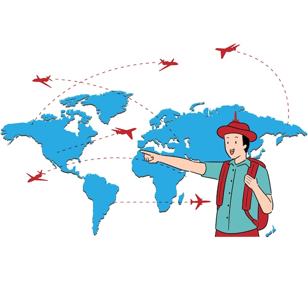 Vector un hombre apuntando a un mapa del mundo con un mapa del mundo y un mapa del mundo.