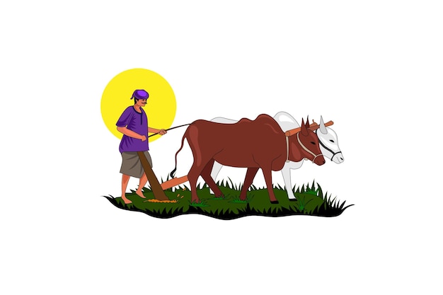 Vector un hombre ara la hierba con dos vacas ilustración vectorial